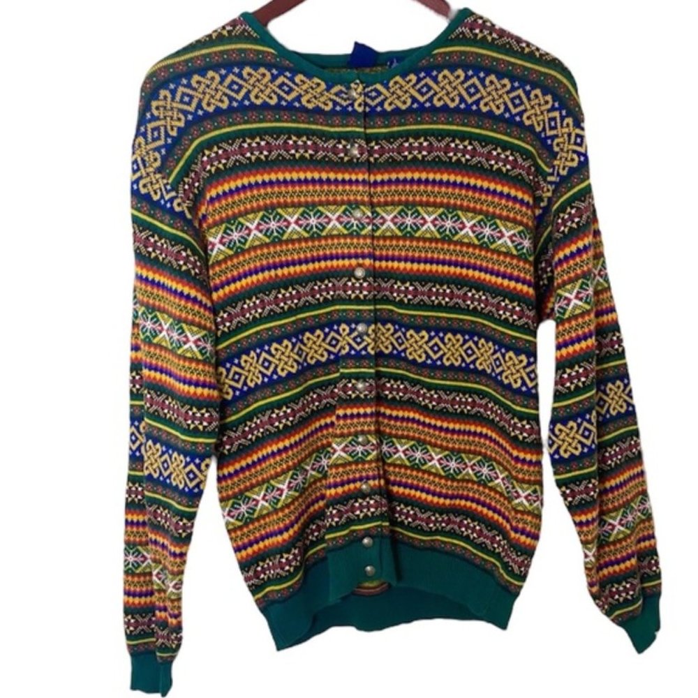 Vintage 90s Gap Grandpa Button Down Crewneck Cardigan in Forest Green Fairisle